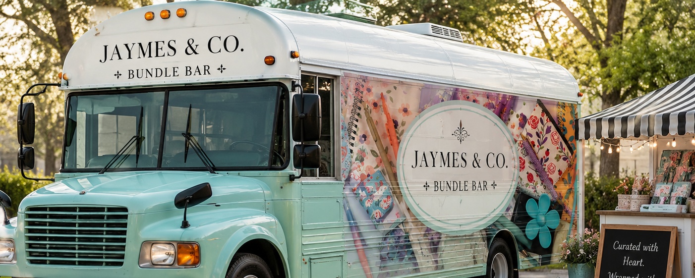 The Jaymes & Co. Bundle Bar parked at a sunny outdoor pop-up, decorated with flowers and a chalkboard sign